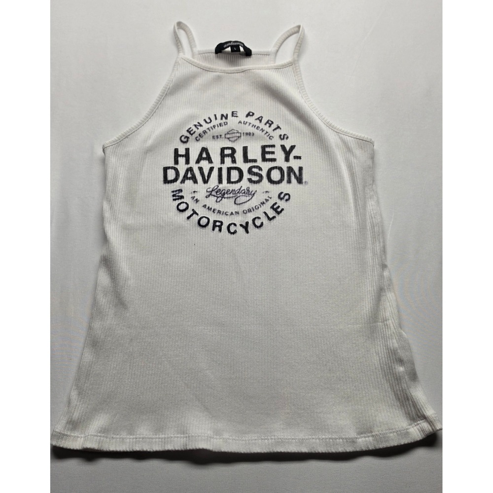 Ambiance Harley Davidson Graphic Ribbed Tank Top White Halter Cami Large - Picture 1 of 3